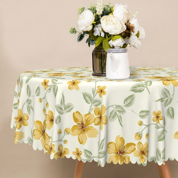 MIZHONA Yellow Floral Tablecloth,Rustic Daisy Flowers Table Cover for Kitchen Dinning Outdoor Decor，60"