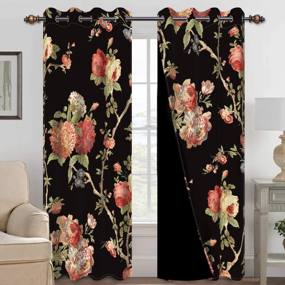 MIZHONA Black Blackout Curtains for Living Room Pink and Red Floral Window Curtain Set of 2,52"x96"