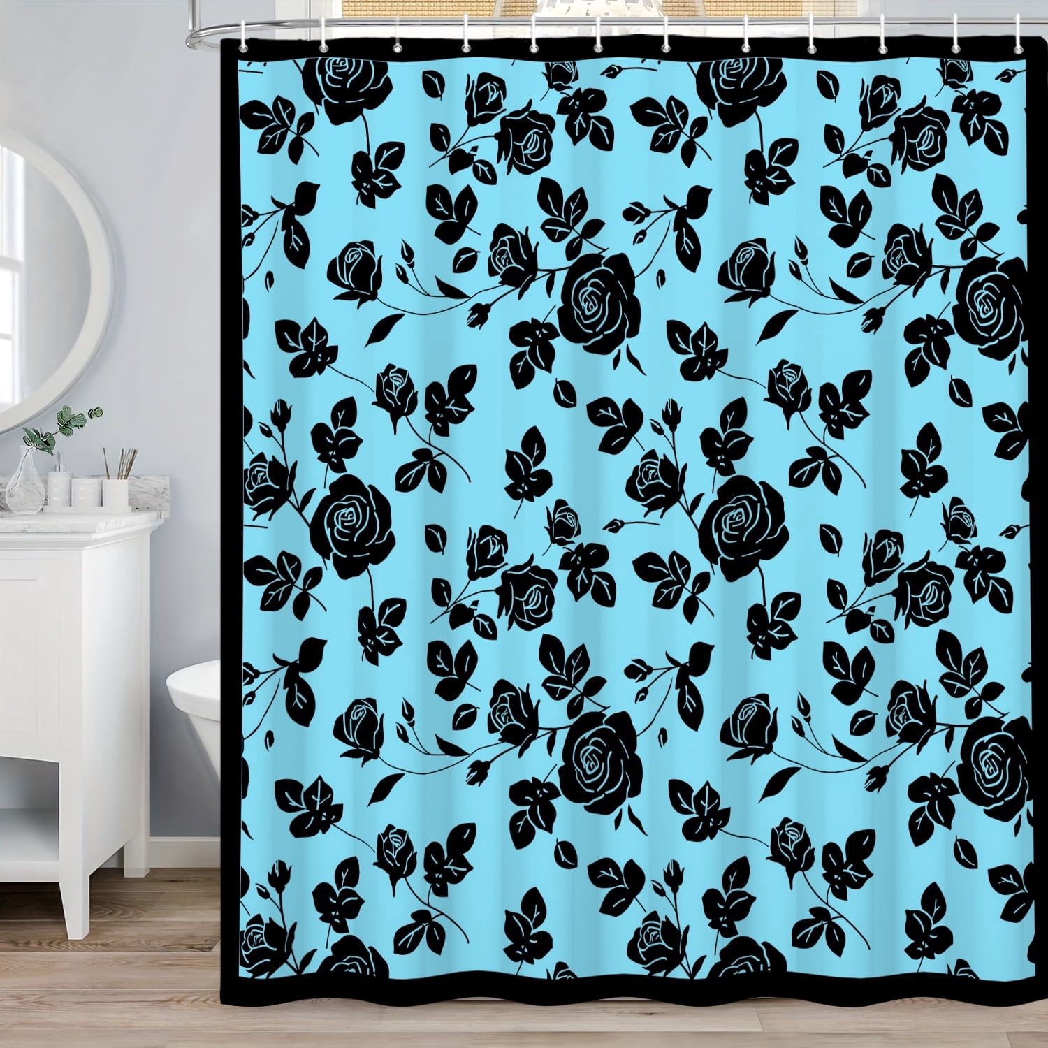 MIZHONA Black and Blue Floral Shower Curtain Vintage Rose Print Waterproof Fabric Bathroom Curtain 47x64 in