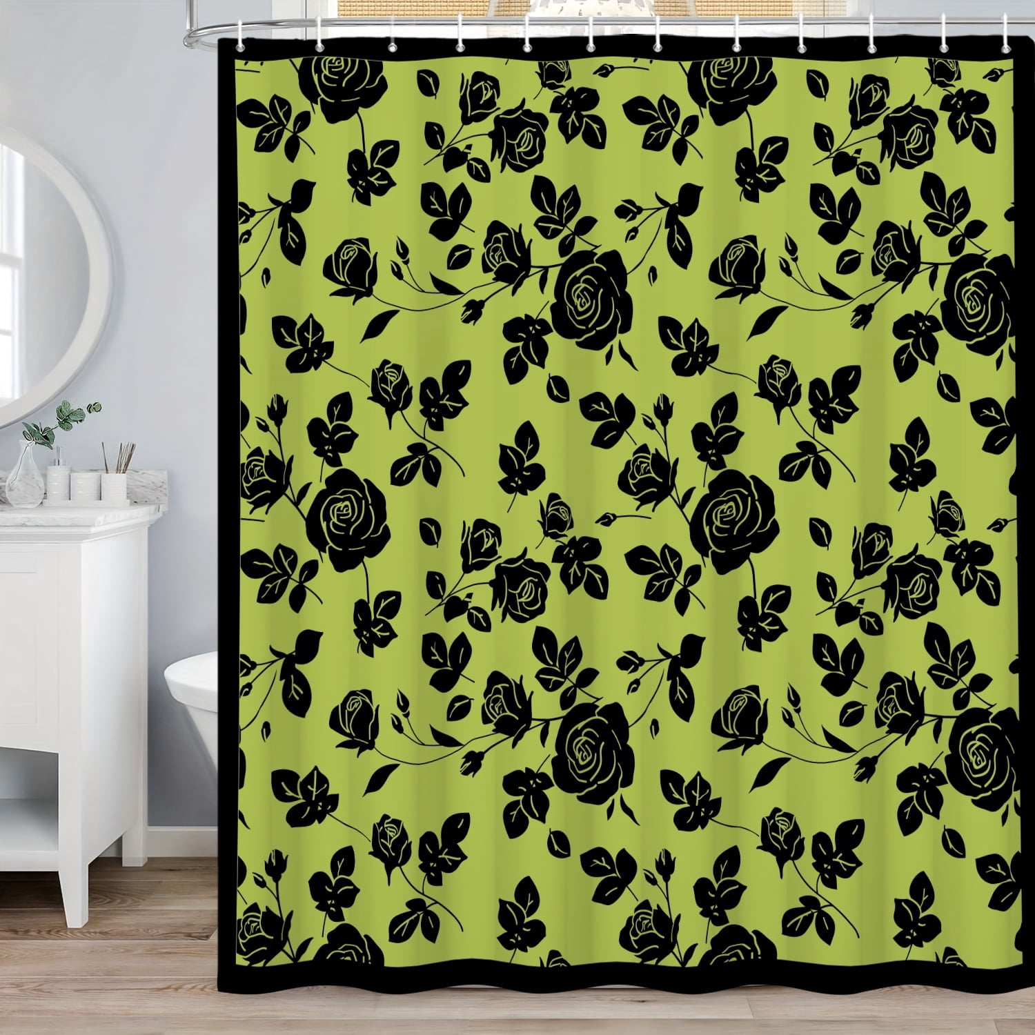 MIZHONA Black and Green Floral Shower Curtain Vintage Rose Print Waterproof Fabric Bathroom Curtain 72x78 in