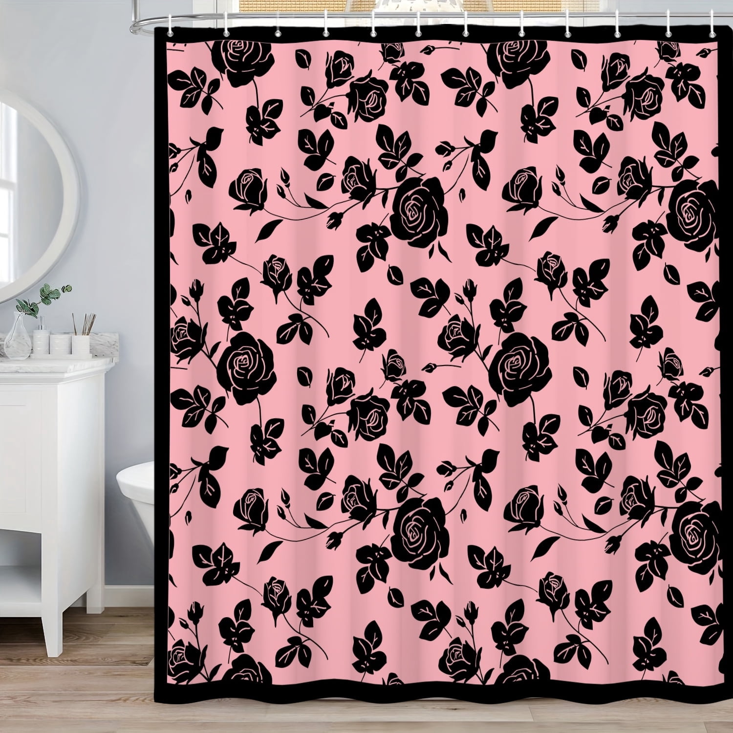 MIZHONA Black and Pink Floral Shower Curtain Vintage Rose Print Waterproof Fabric Bathroom Curtain 72x78 in
