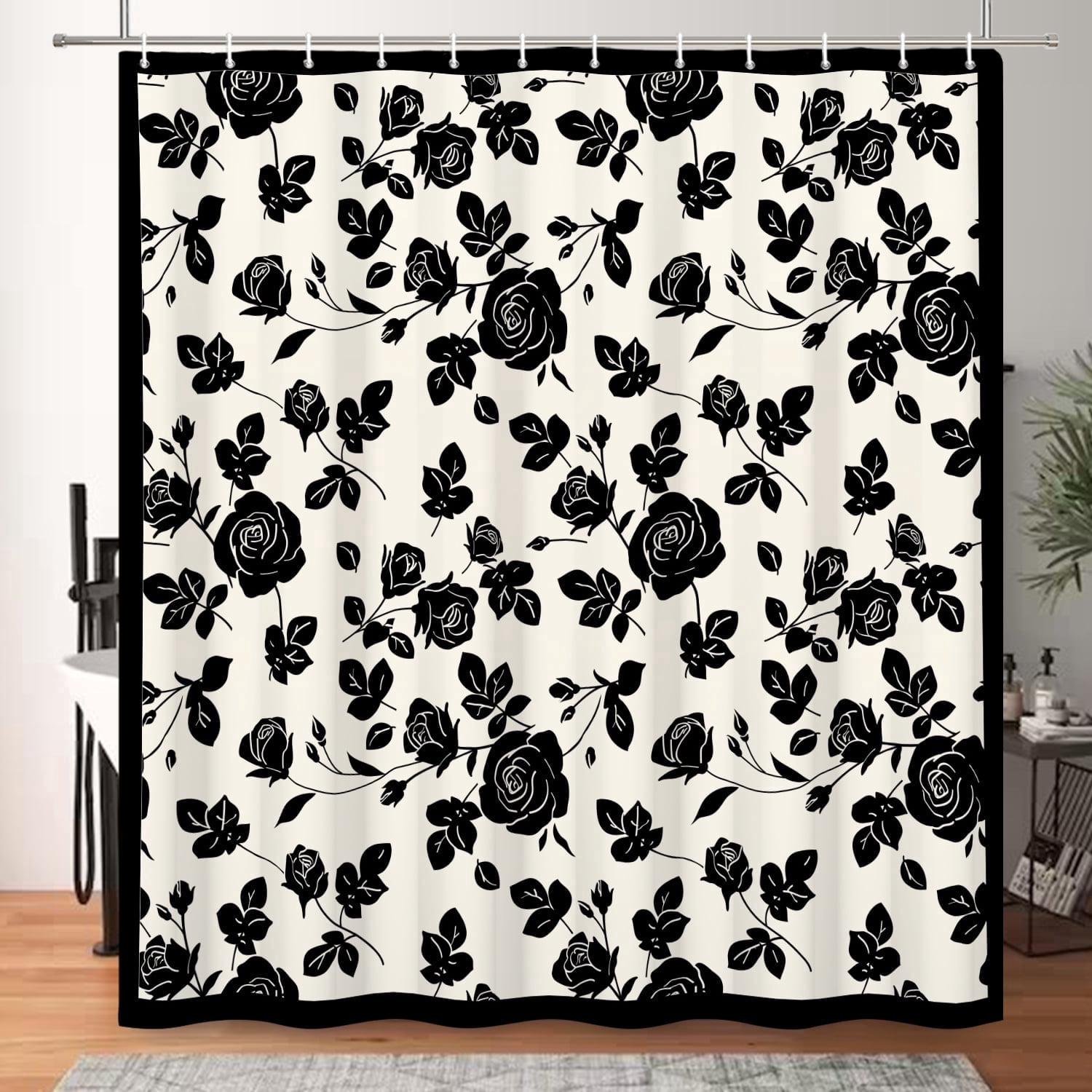 MIZHONA Black and White Floral Shower Curtain Vintage Rose Print Waterproof Fabric Bathroom Curtain 72x72 in