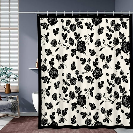 MIZHONA Black and White Floral Shower Curtain Flowers Rose Print Waterproof Fabric Bathroom Curtain 72x72 in