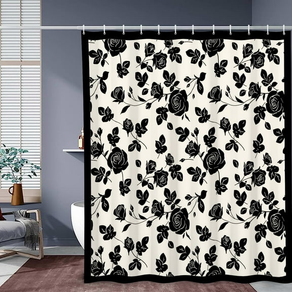 MIZHONA Black and White Floral Shower Curtain Flowers Rose Print Waterproof Fabric Bathroom Curtain 72x72 in