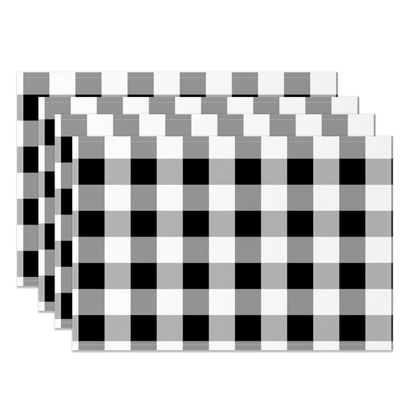 MIZHONA Black and White Placemats Set of 4,Buffalo Plaid Linen Table Mats for Table Decorations 12x18 in
