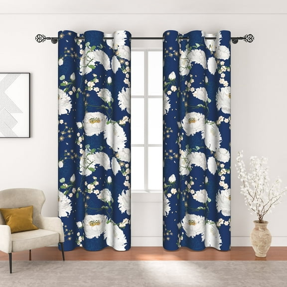 MIZHONA Blue Blackout Curtains for Living Room Vintage White Floral Window Curtain Set of 2,42"x84"