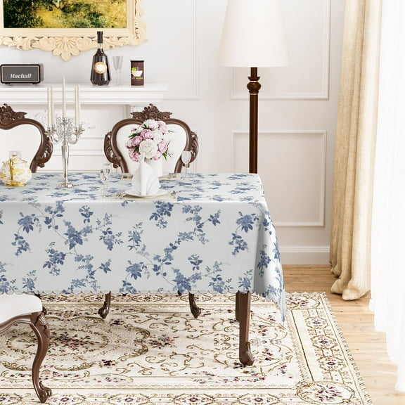 MIZHONA Blue Floral Tablecloth Rectangle Vintage Flower Print Table Cloth for Kitchen Dinner Decor,60"x84"