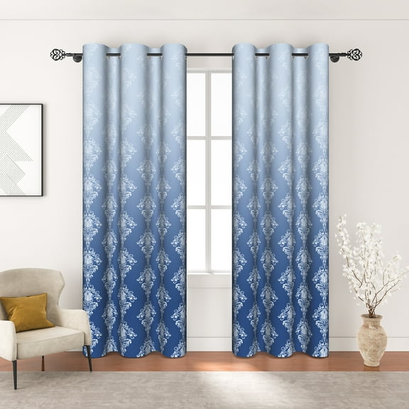 MIZHONA Blue Gradient Blackout Curtains for Living Room Retro Pattern Window Curtain Set of 2,42"x84"