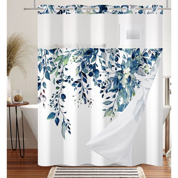 MIZHONA Blue Plant Shower Curtains with Snap in Liner Spring Fabric No Hooks Waterproof Bathroom Curtains,71"× 86"