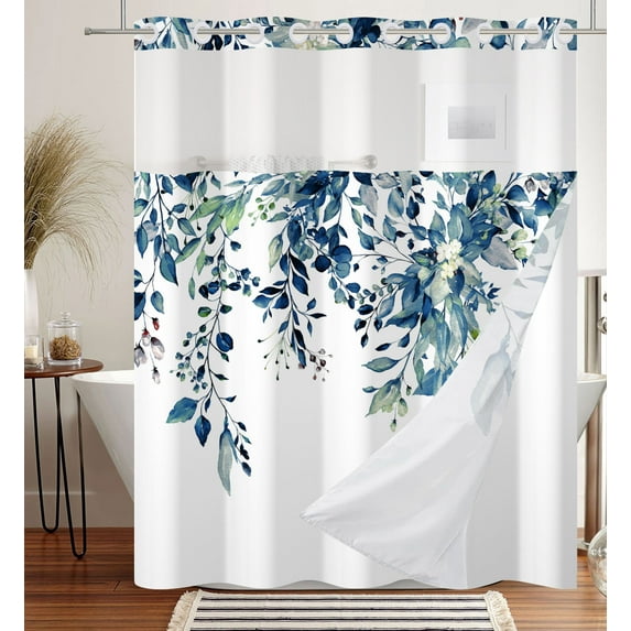 MIZHONA Blue Plant Shower Curtains with Snap in Liner Spring Fabric No Hooks Waterproof Bathroom Curtains,71"× 86"