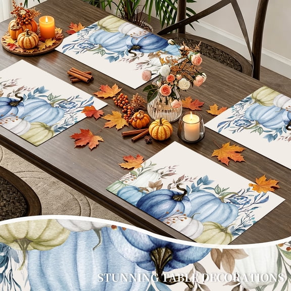 MIZHONA Blue Fall Pumpkins Placemats Set of 4 Autumn Thanksgiving Linen Table Mats for Table Decorations 12x18 in
