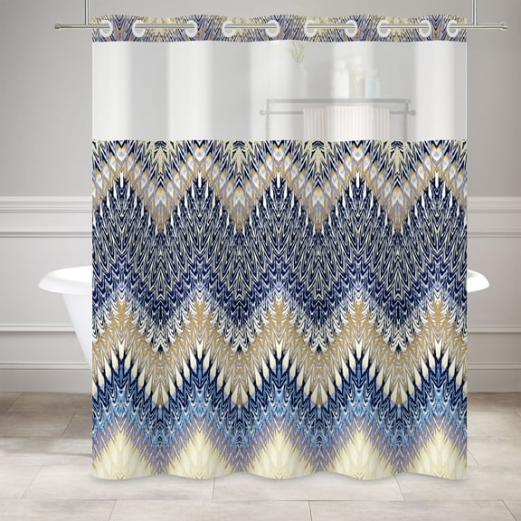 MIZHONA Blue Shower Curtain with Snap in Liner,Geometric No Hook Fabric Bathroom Curtain,71"× 74"