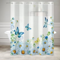 MIZHONA Blue Shower Curtain with Snap in Liner,White Dasiy Floral No Hook Fabric Bathroom Curtain,71"× 74"