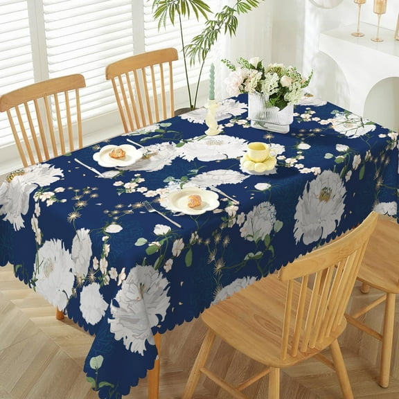 MIZHONA Blue Tablecloth Floral Table Cover Rectangle for Dinning,Kitchen，60" x 84"