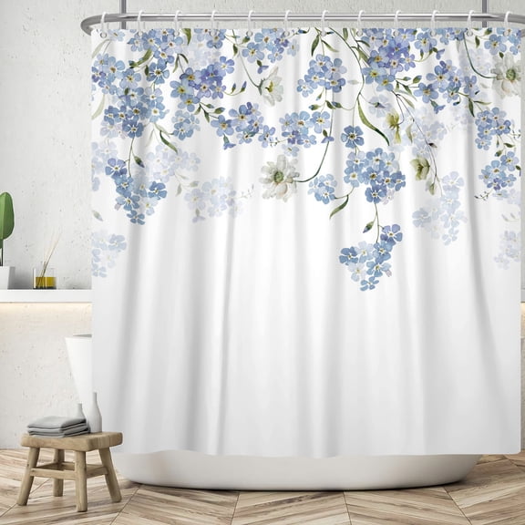 MIZHONA Blue Wildflower Shower Curtain,Vintage Farmhosue Fabric Waterproof Shower Curtain 72x72