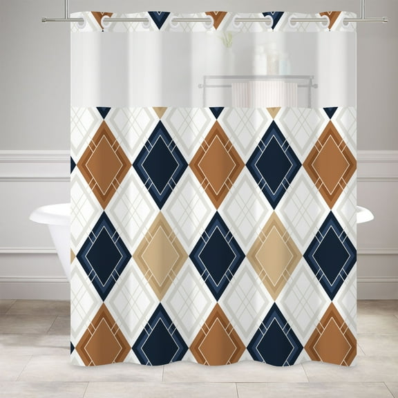 MIZHONA Blue and Brown Shower Curtain with Snap in Liner，Geometric No Hook Fabric Bathroom Curtain,71"× 74"