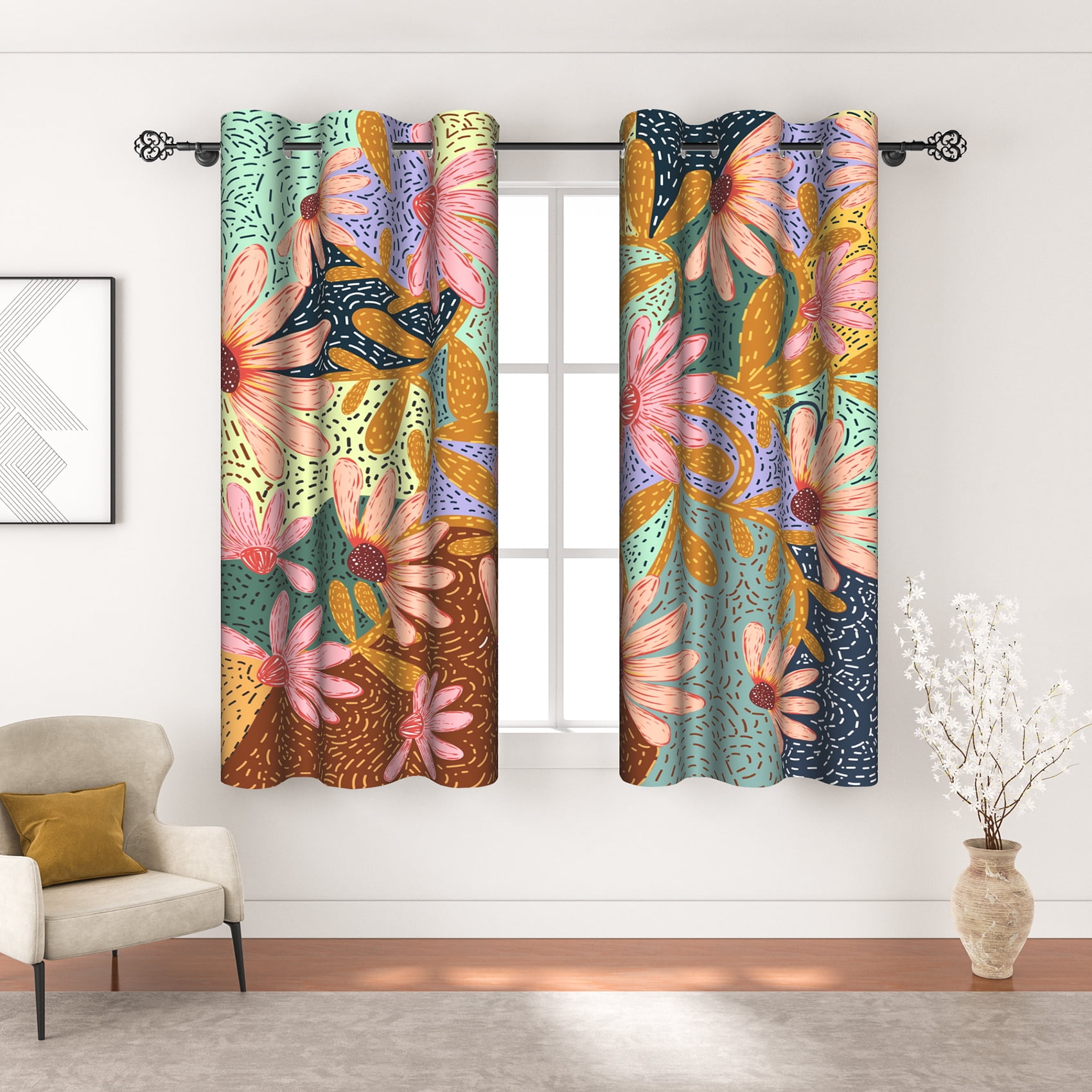 MIZHONA Boho Blackout Curtains for Bedroom,Colorful Floral Printed Room Darkening Curtains Set of 2,42"x63"