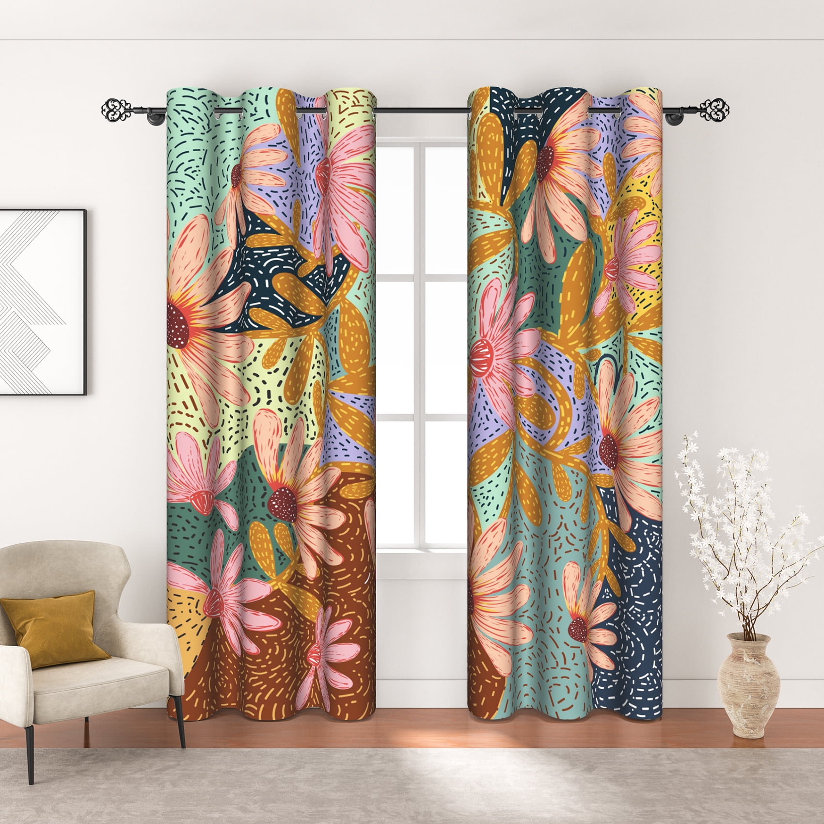 MIZHONA Boho Blackout Curtains for Bedroom,Colorful Floral Printed Room ...