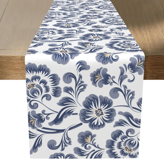 MIZHONA Boho Blue Table Runner,Blue Floral Kitchen Dining Table Decoration 13x120Inch