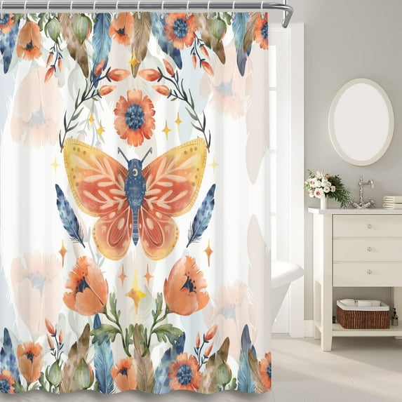 MIZHONA Butterfly with Floral Fabric Shower Curtain for Bathroom Accessories Sets with Hooks 72 Inch Long