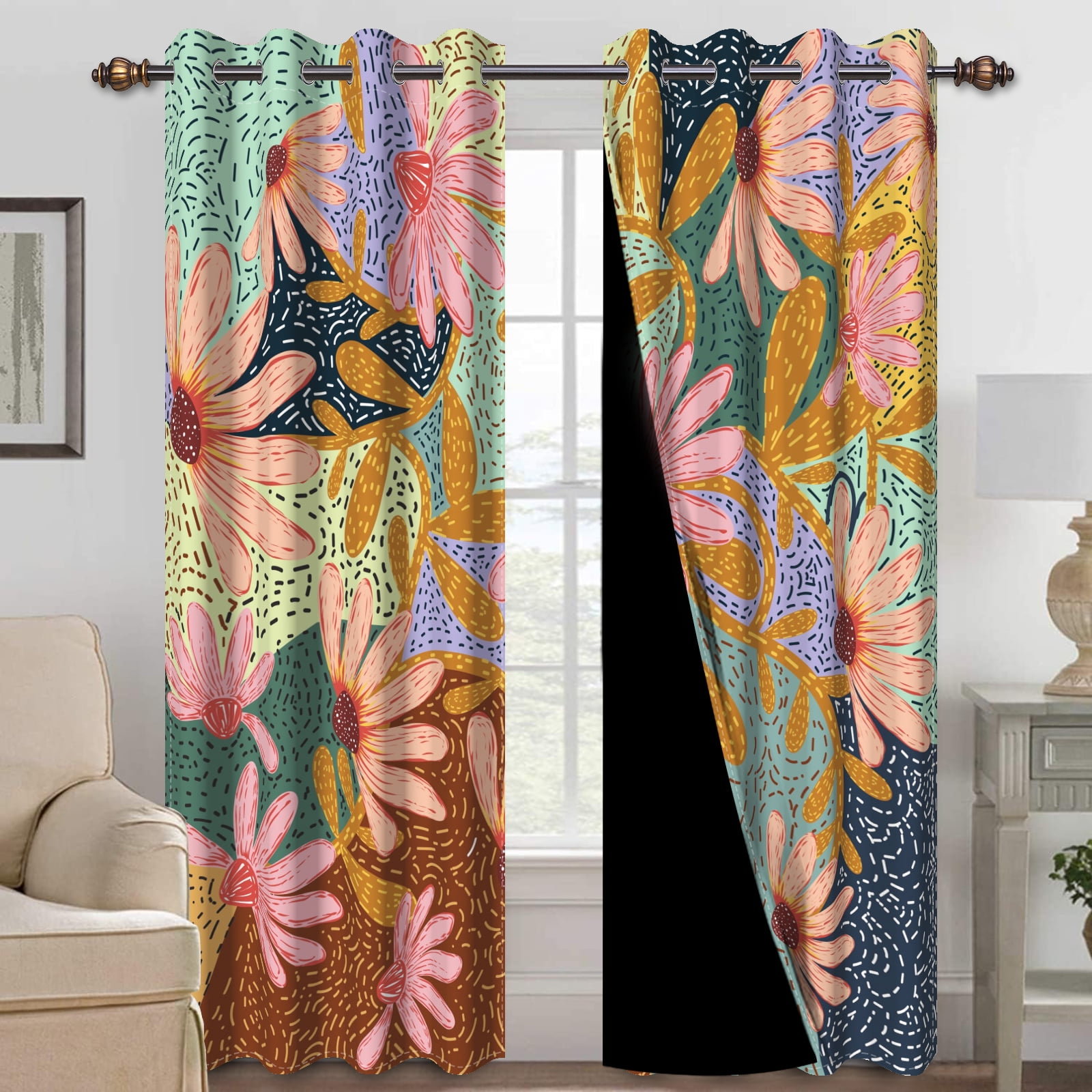 MIZHONA Boho Floral Blackout Curtains for Living Room Colorful Window Curtains Set of 2,52"x96"