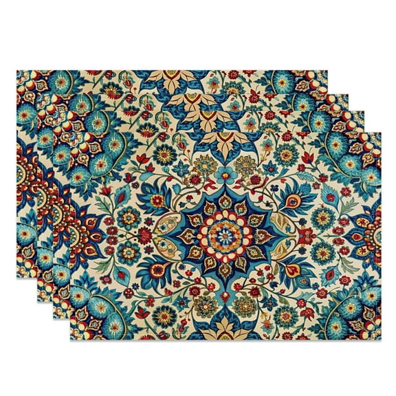 MIZHONA Boho Mandala Placemats Set of 4,Bohemain Linen Table Mats for Table Decorations 12x18 in