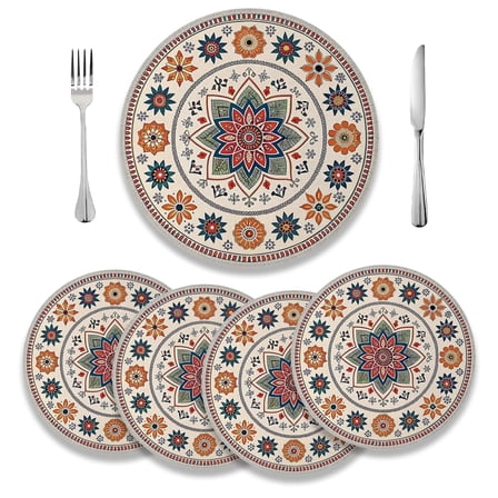 MIZHONA Boho Round Placemats Set of 4 Bohemian Table Place Mats,15 inch