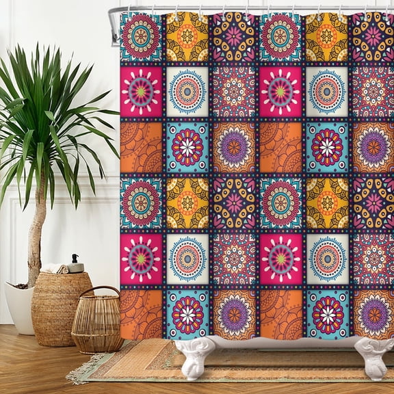 MIZHONA Boho Shower Curtain Mandala Bohemian Fabric Bathroom Curtain 72x72 in