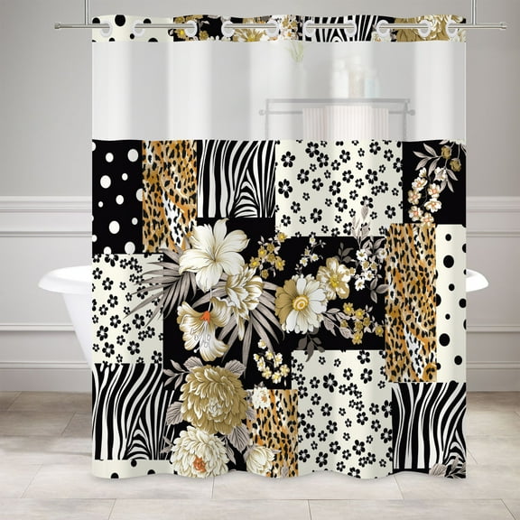 MIZHONA Boho Shower Curtain with Snap in Liner,Black and White Check Fabric Bathroom Curtain,71"× 74"