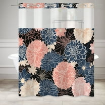 MIZHONA Boho Shower Curtain with Snap in Liner,Blue and Pink Flower Fabric Bathroom Curtain,71"× 74"