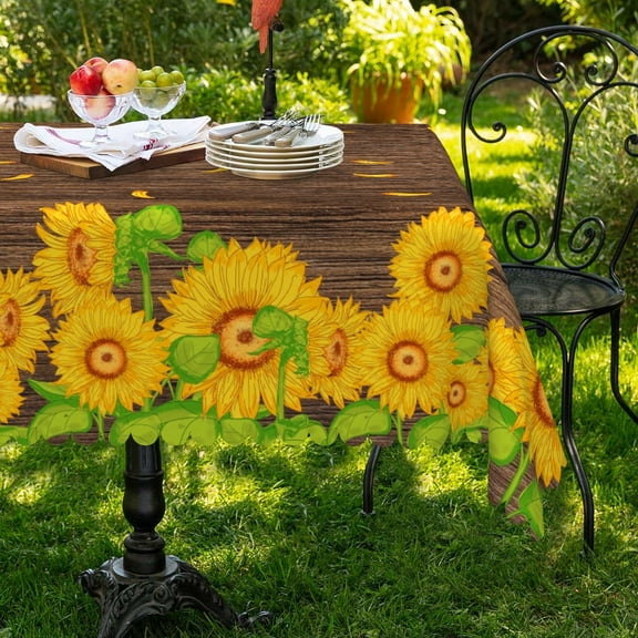 MIZHONA Brown Wooden Tablecloth Rectangle,Vintage Sunflower Table Cover for Kitchen Dinner Decor,60"x84"