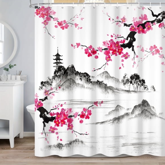 MIZHONA Janpanese Cherry Blossom Shower Curtain,Chinese Mountain Bathroom Curtain with Hooks,72Wx72L