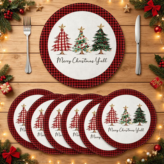 MIZHONA Christmas Round Placemats Set of 6 Winter Xmas Tree Table Mat 14 inch for Kitchen Dining Table Decoration