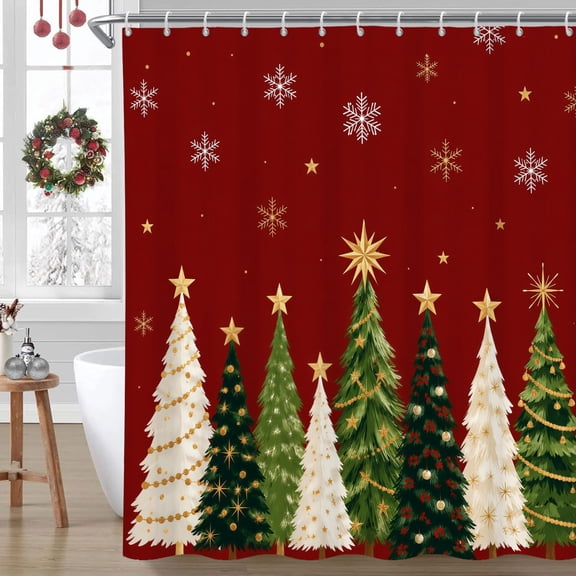 MIZHONA Christmas Shower Curtain Winter Xmas Tree Fabric Bathroom Curtains Decor with Hooks 72x72 in