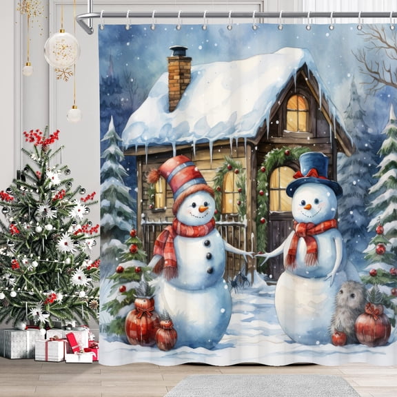 MIZHONA Christmas Snowman Shower Curtain Winter Snow Fabric Bathroom Curtains Decor with Hooks 72x72 in