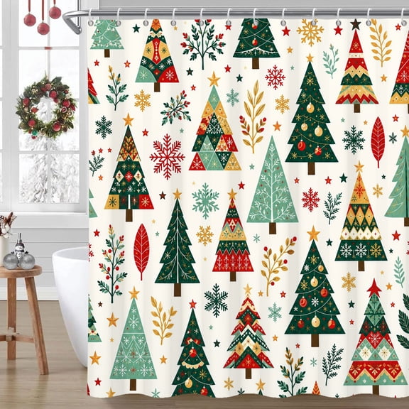 MIZHONA Christmas Tree Shower Curtain Winter Xmas Tree Fabric Bathroom Curtains Decor with Hooks 72x72 in