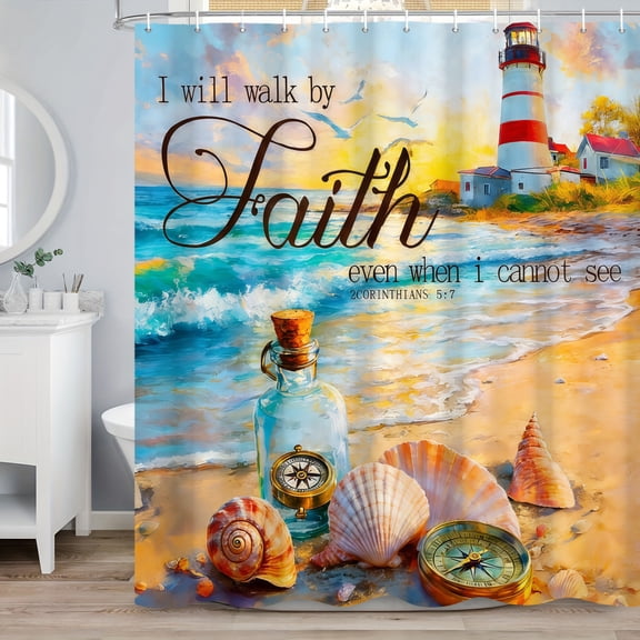 MIZHONA Coastal Lighthouse Shower Curtain Nautical Ocean Beach Bathroom Curtain Decor 47x64 in