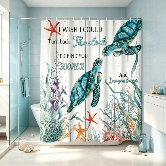 MIZHONA Sea Turtle Shower Curtain Coastal Ocean Theme with Quote Fabric Bathroom Curtain Decor 72x72 in