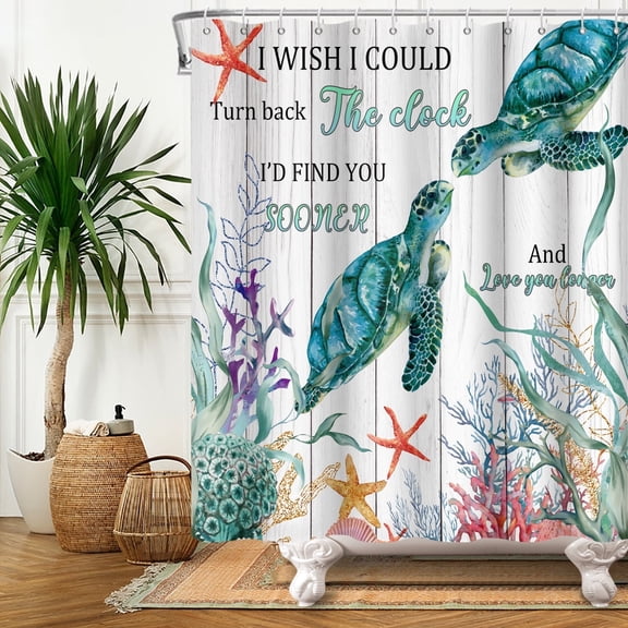 MIZHONA Coastal Turtle Shower Curtain Nautical Ocean Beach Theme Fabric Bathroom Curtain 72x72 in