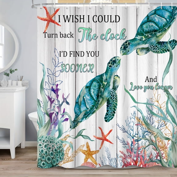 MIZHONA Sea Turtle Shower Curtain Coastal Ocean Theme with Quote Fabric Bathroom Curtain Decor 72x72 in