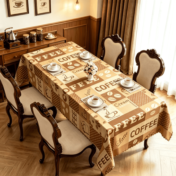 MIZHONA Coffee Theme Tablecloth Rectangle Brown Table Cloth Cover for Office Coffee Decor,60"x84"