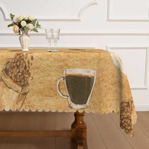 MIZHONA Coffee Theme Tablecloth Rectangle,Rustic Brown Table Cloth for Kitchen Dinner Decor,60"x84"