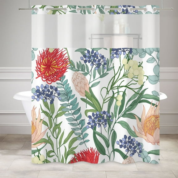 MIZHONA Colorful Botanical No Hooks Shower Curtains with Snap in Liner Red Wildflower in White Fabric Bathroom Curtain,71"× 74"