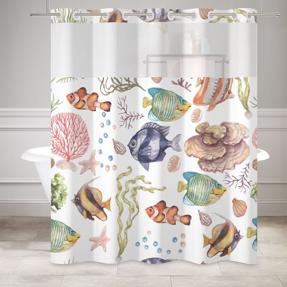 MIZHONA Colorful Sea Plants No Hook Shower Curtain with Snap in Liner,Summer Bath Curtain,71"× 71"