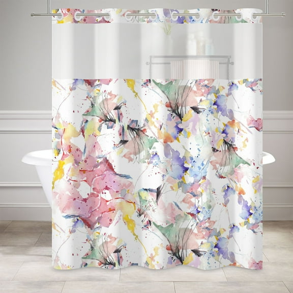 MIZHONA Colorful Shower Curtain with Snap in Liner,Watercolor No Hook Fabric Bathroom Curtain,71"× 74"