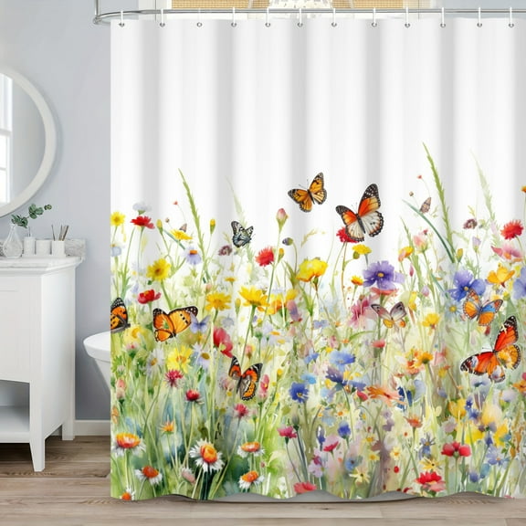 MIZHONA Floral with Butterfly Shower Curtain Spring Wildflower Fabric Waterproof Bathroom Curtain 72Wx72L