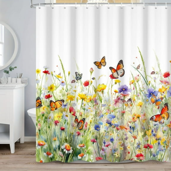 MIZHONA Spring Floral with Butterfly Shower Curtain Wildflower Fabric Waterproof Bathroom Curtain 72"W x 72"L