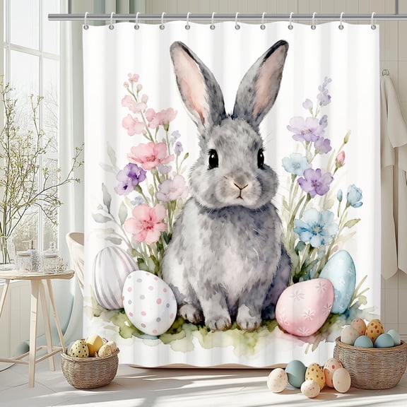 MIZHONA Easter Bunny Shower Curtain Spring Floral with Easter Eggs Fabric Bathroom Curtain 72x72 in