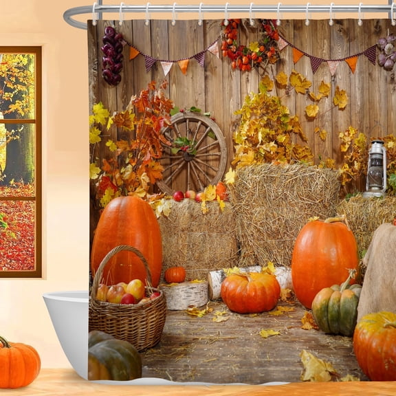 MIZHONA Thanksgiving Shower Curtain Fall Autumu Havest Pumpkins Waterproof Bathroom Curtain Set,72Wx72L