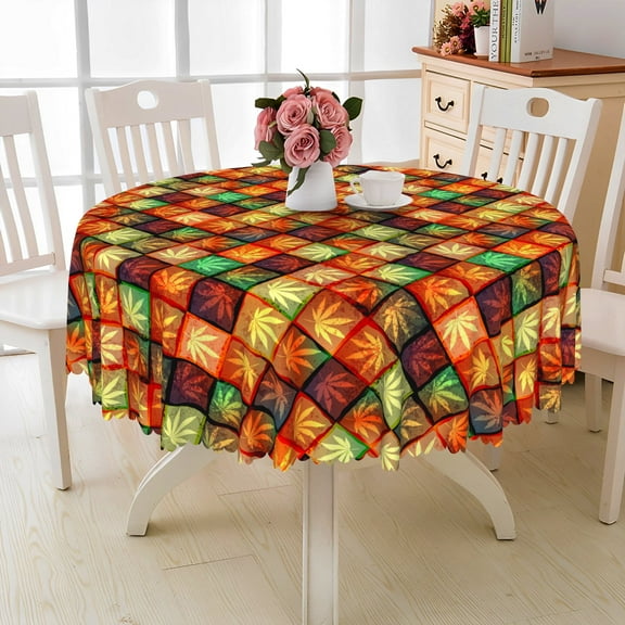 MIZHONA Fall Gingham Round Tablecloth,Maple Leaves Table Cloth for Kitchen Dinning Party Outdoor Decor，60"